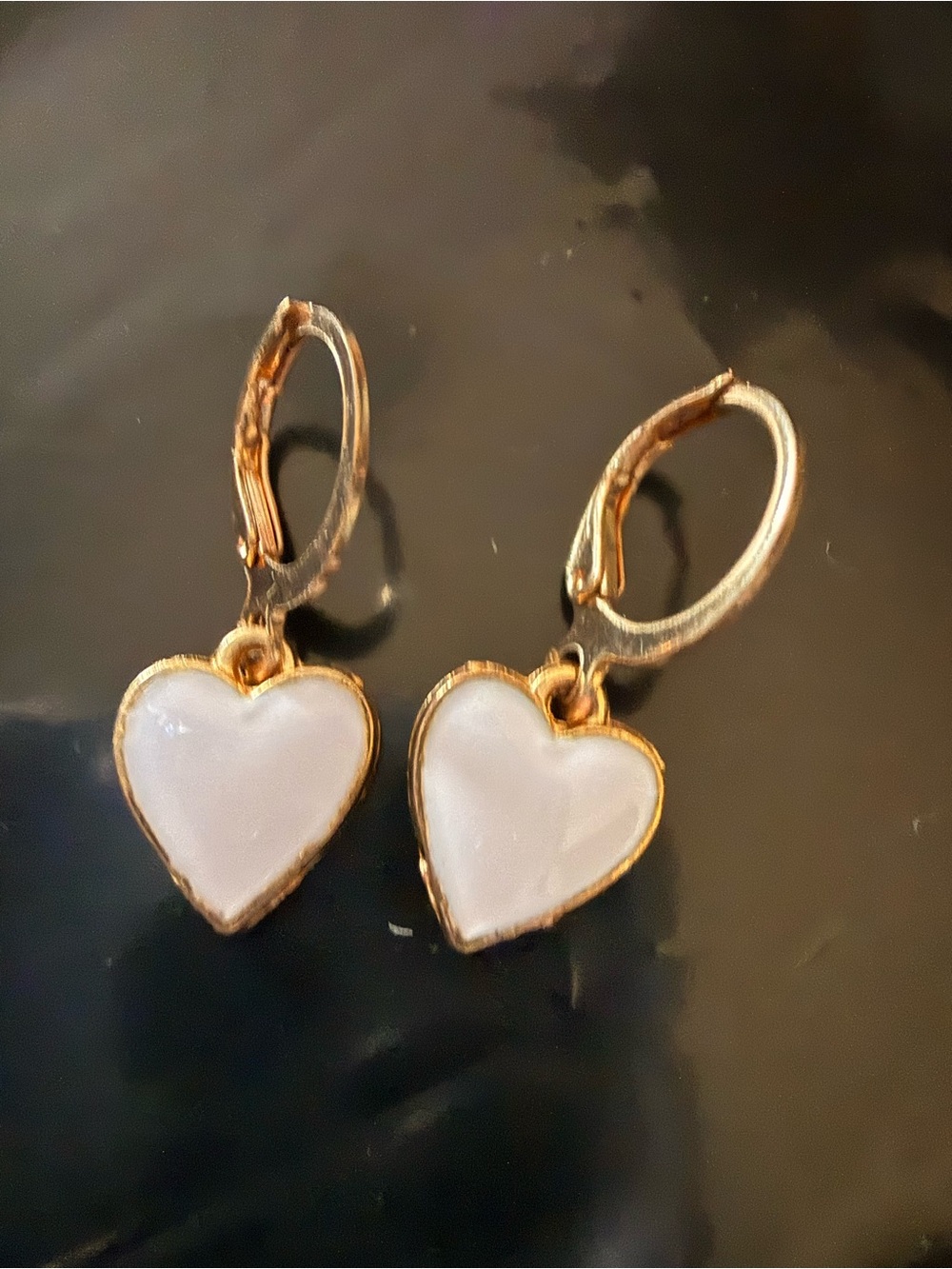 Gold Heart Drop Earrings with White Inlay - Women's Jewelry